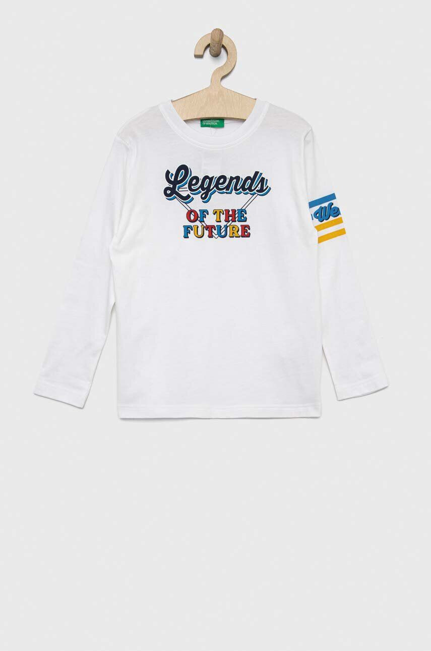 United Colors of Benetton longsleeve din bumbac pentru copii culoarea alb cu imprimeu - Pled.ro