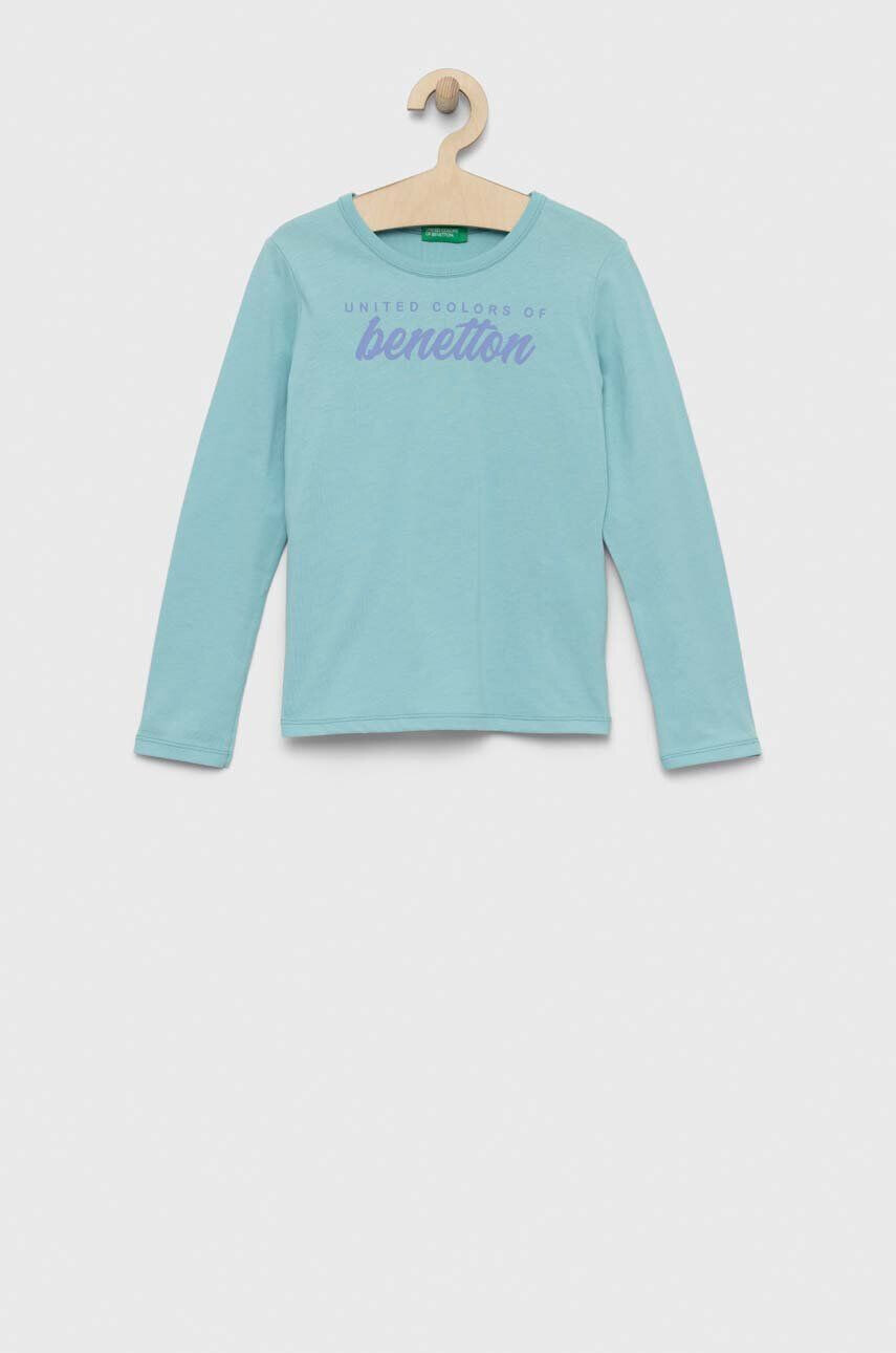 United Colors of Benetton longsleeve din bumbac pentru copii culoarea turcoaz cu imprimeu - Pled.ro