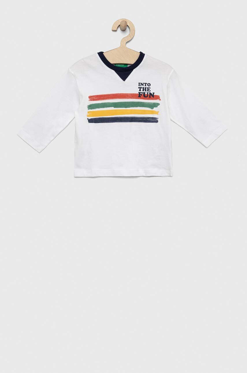 United Colors of Benetton longsleeve din bumbac pentru copii culoarea alb cu imprimeu - Pled.ro