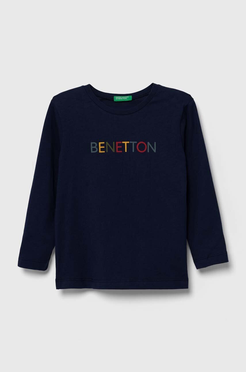 United Colors of Benetton longsleeve din bumbac pentru copii culoarea albastru marin cu imprimeu - Pled.ro