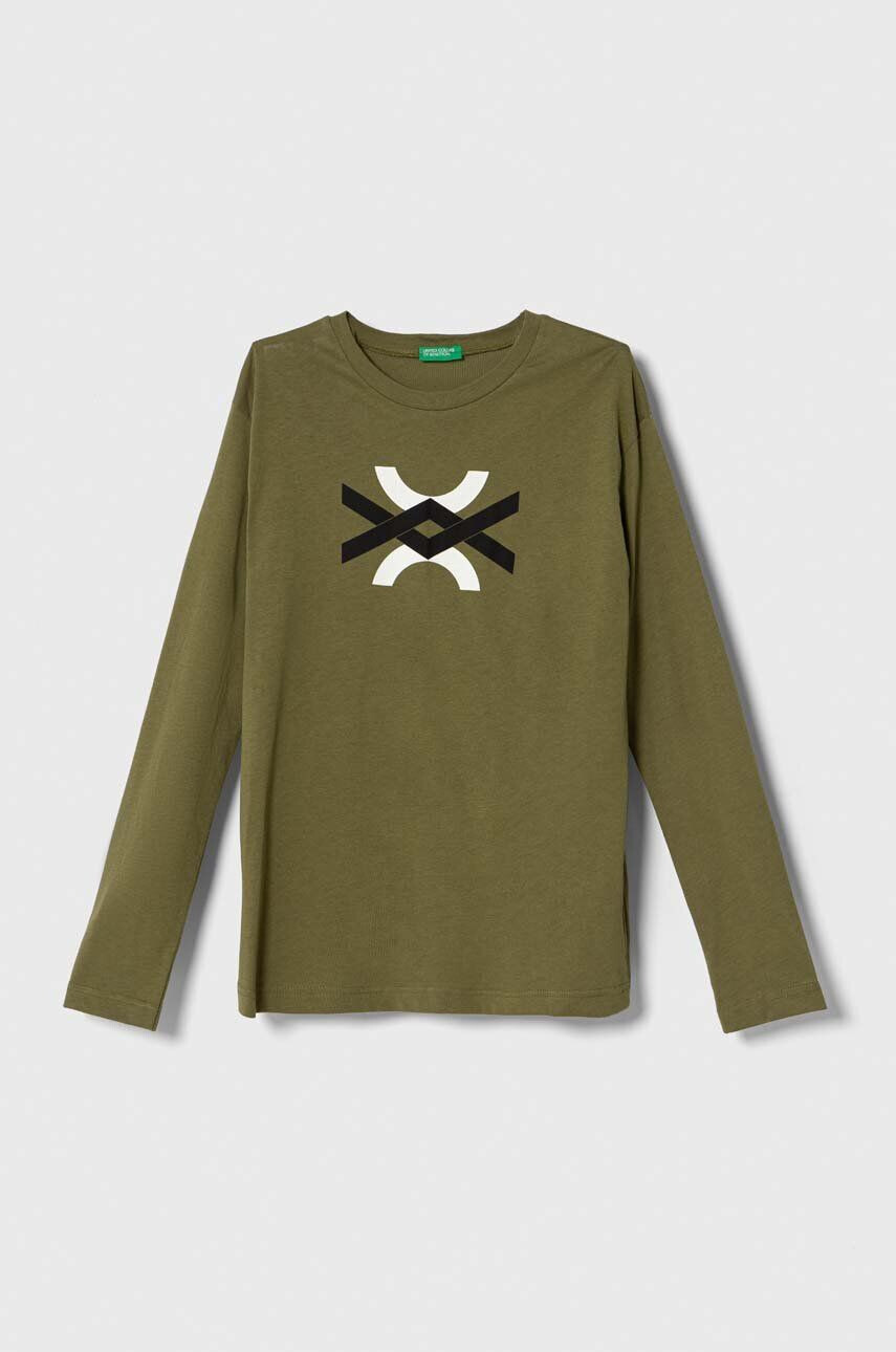 United Colors of Benetton longsleeve din bumbac pentru copii culoarea verde cu imprimeu - Pled.ro