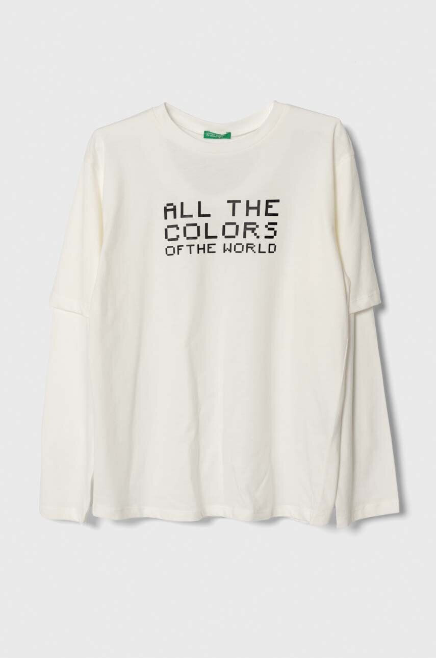 United Colors of Benetton longsleeve din bumbac pentru copii culoarea alb cu imprimeu - Pled.ro