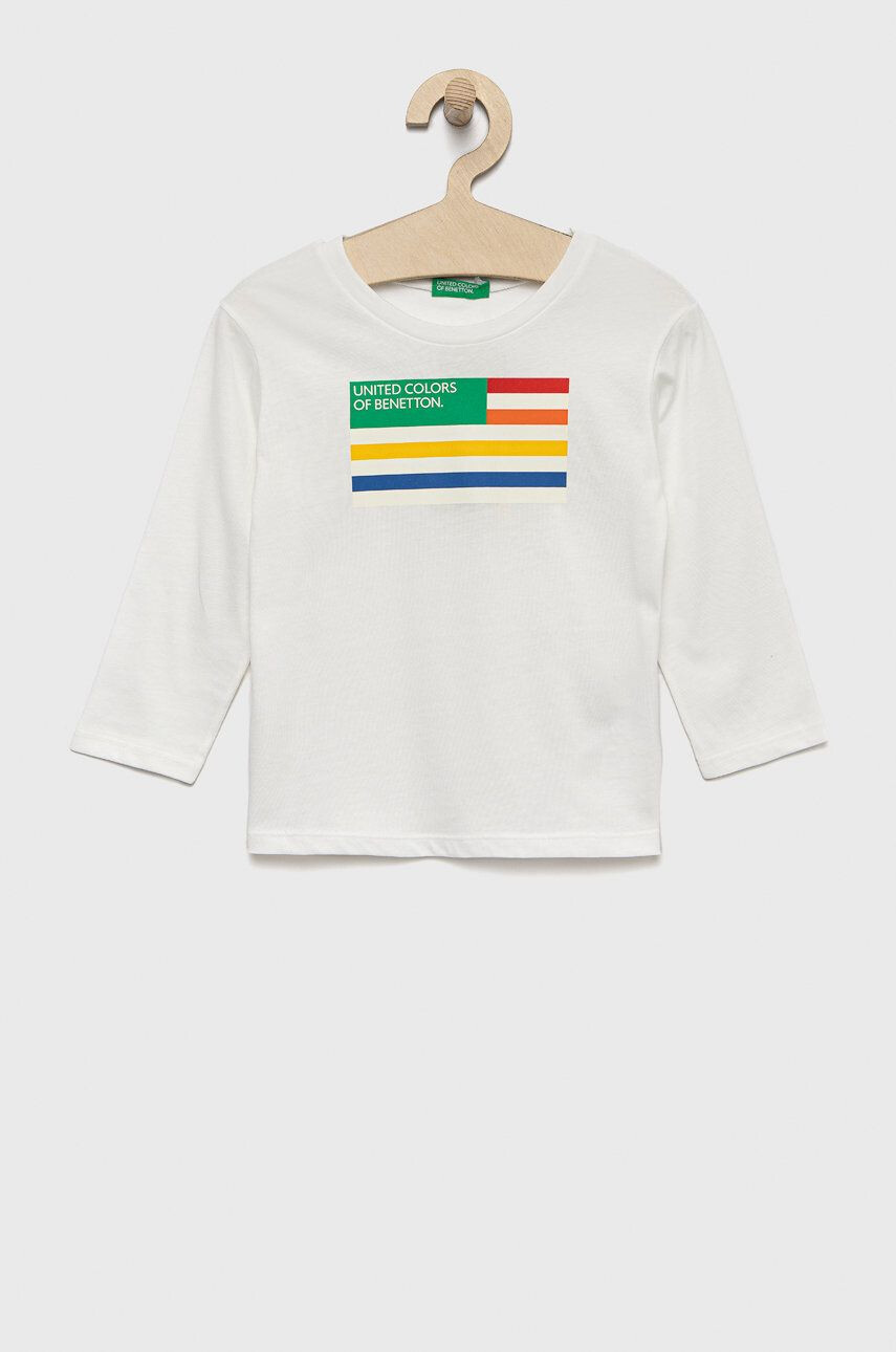 United Colors of Benetton longsleeve din bumbac pentru copii culoarea alb cu imprimeu - Pled.ro