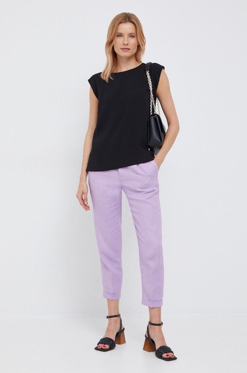 United Colors of Benetton pantaloni din in femei culoarea violet drept high waist - Pled.ro