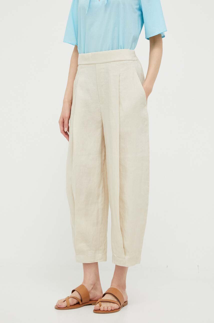 United Colors of Benetton pantaloni din in culoarea bej drept high waist - Pled.ro