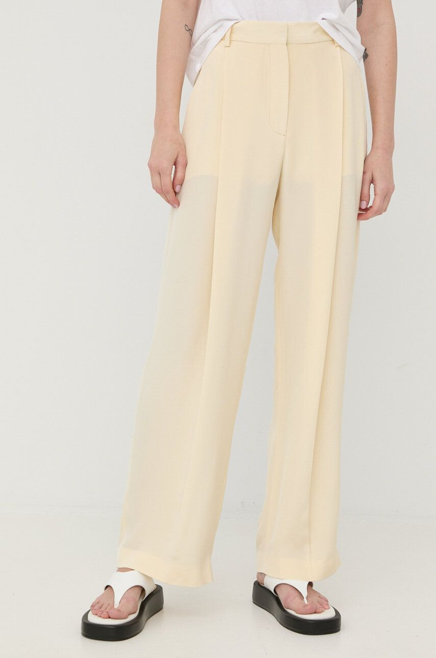 Victoria Beckham pantaloni de matase femei culoarea bej lat high waist - Pled.ro