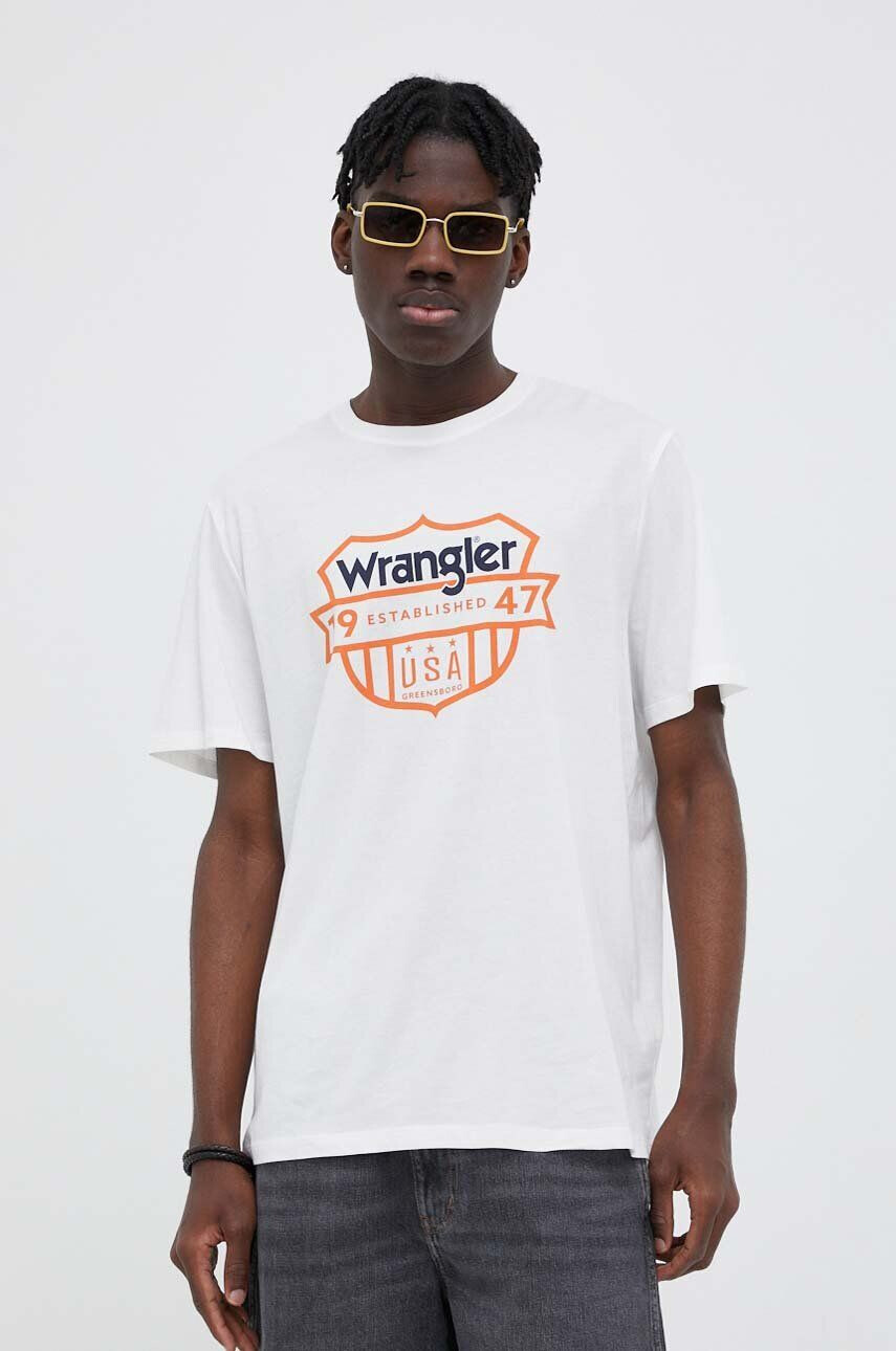 Wrangler tricou din bumbac culoarea alb cu imprimeu - Pled.ro