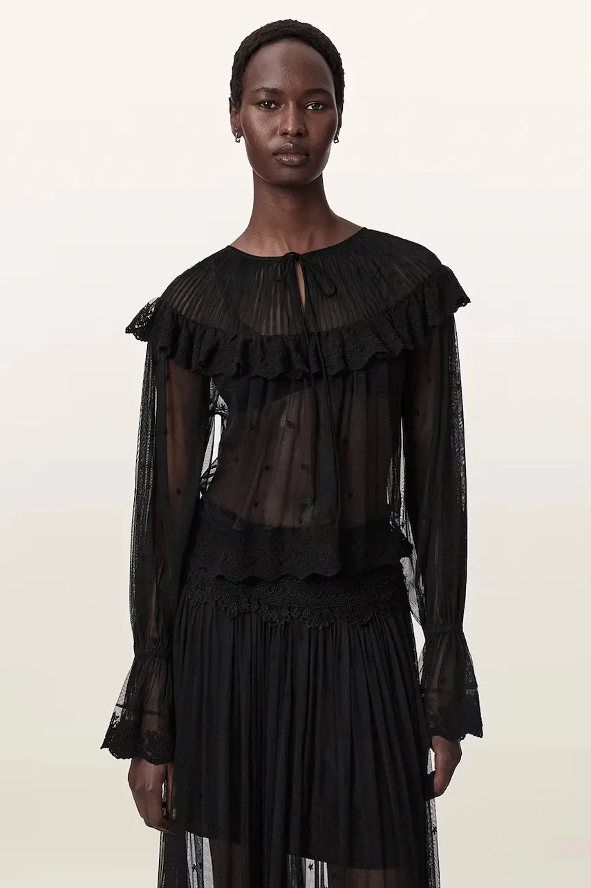 AllSaints bluză cu volane pentru femei din dantelă UNRULY SUSIE LS TEE