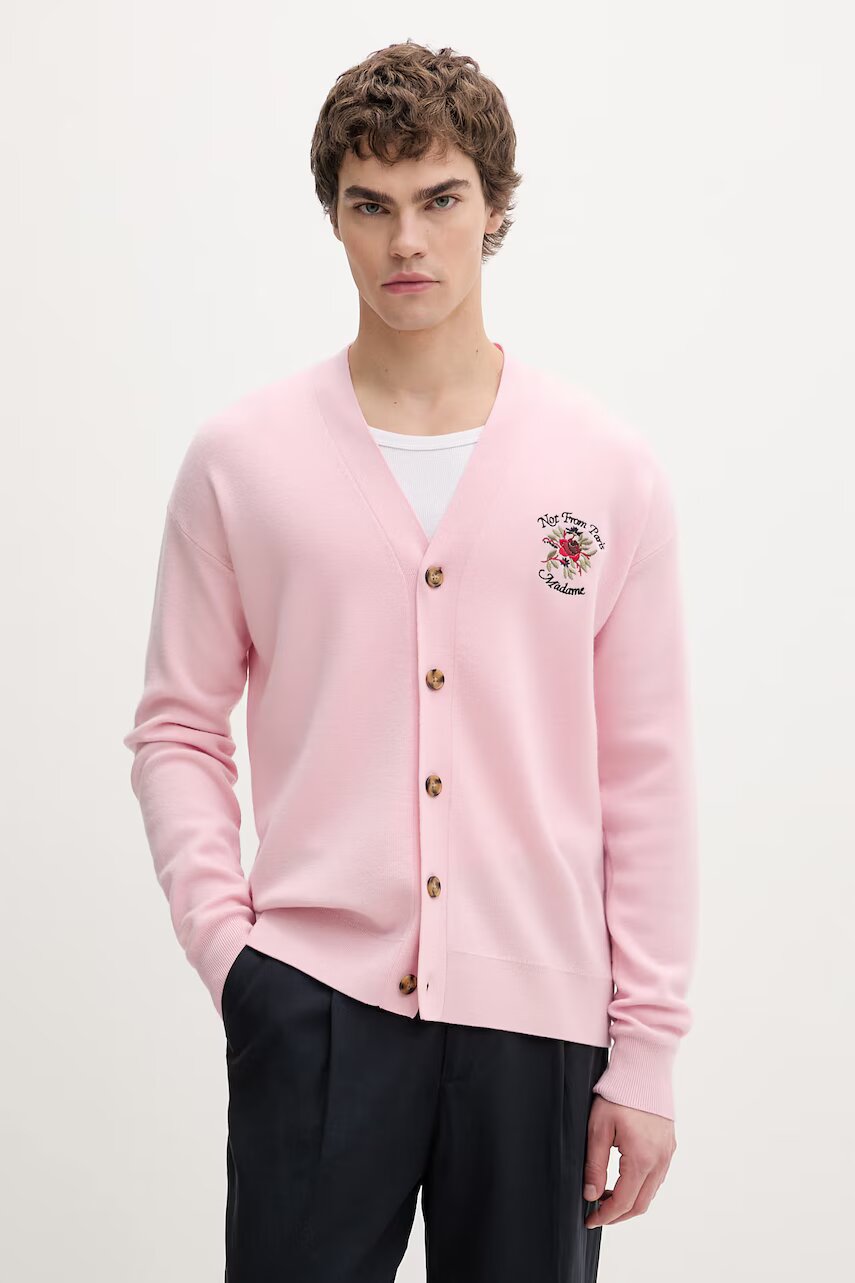 Drôle de Monsieur cardigan pentru bărbați din lână merino Slogan Rose