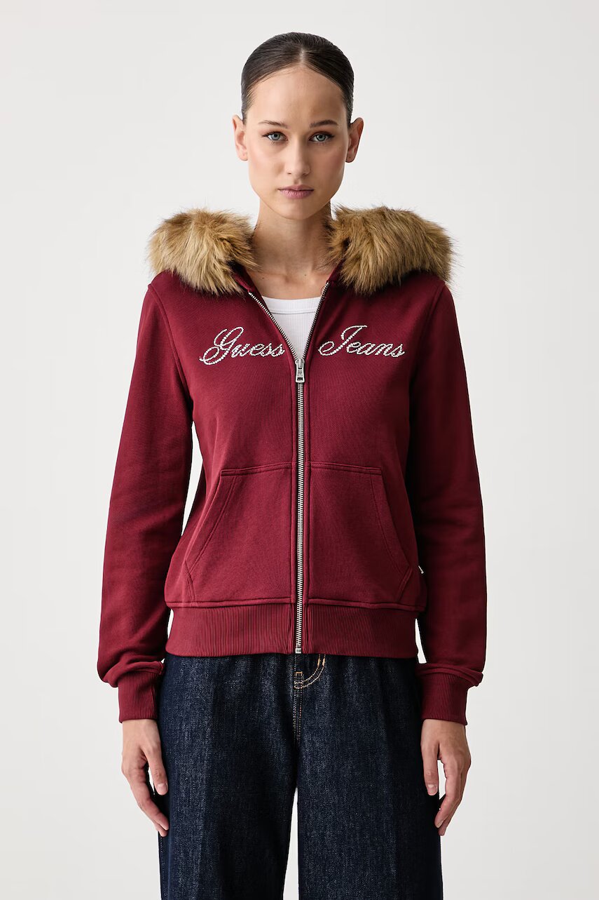GUESS JEANS hanorac cu fermoar și glugă pentru femei din bumbac