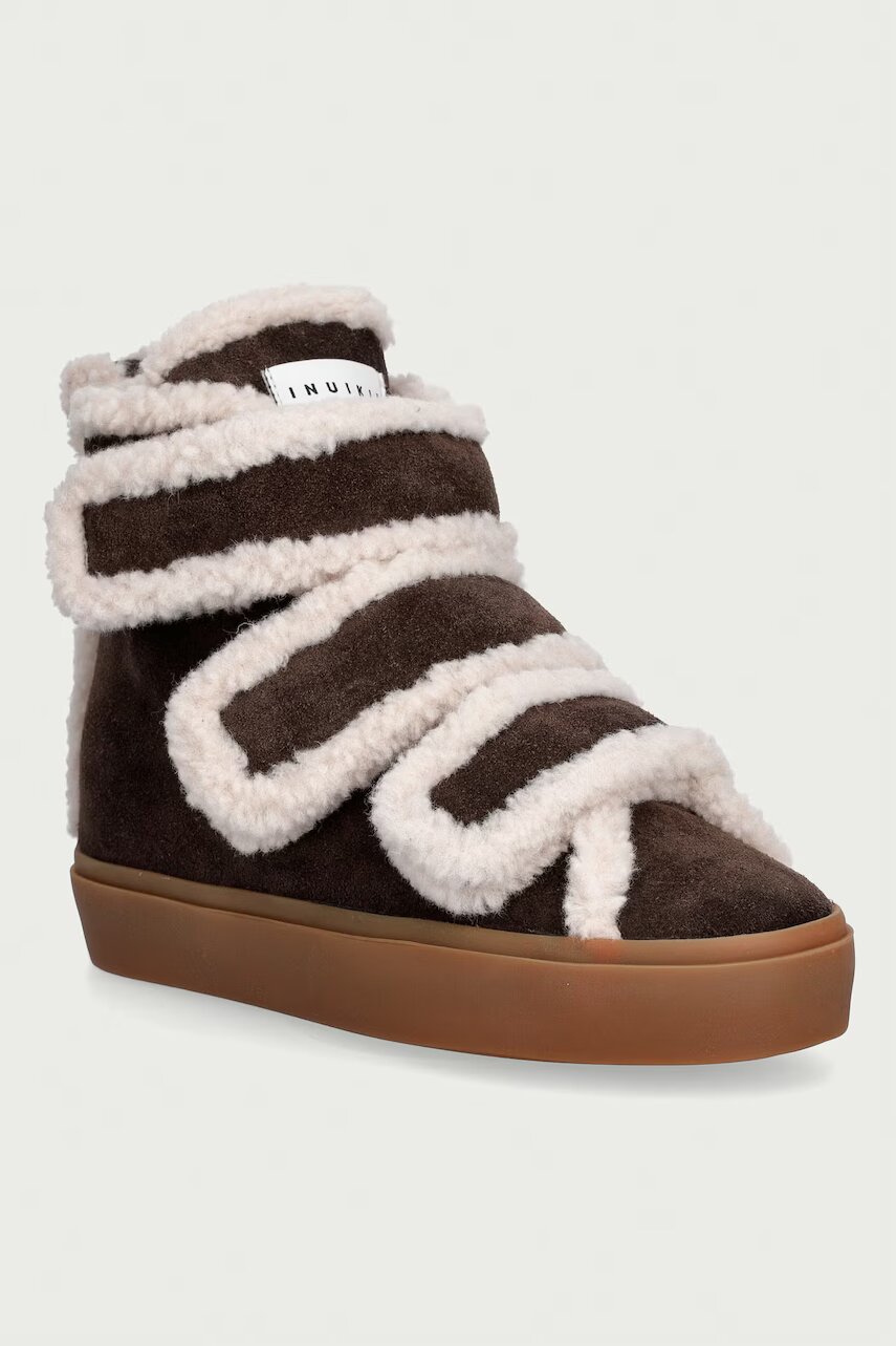 Inuikii botine pentru femei din piele întoarsă Shearling Velcro Wedge
