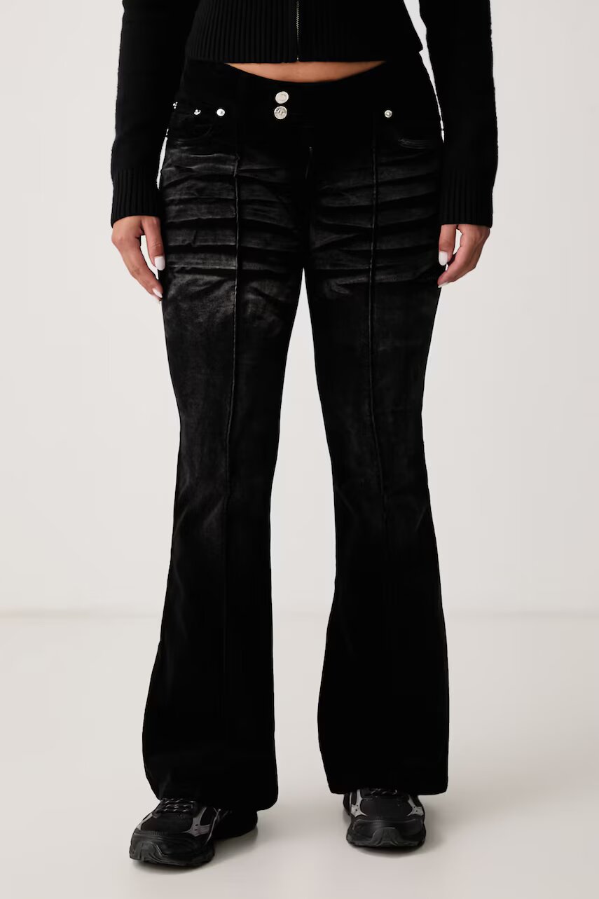 Juicy Couture blugi flared pentru femei CREST VELOUR DENIM LOW RISE FLARE