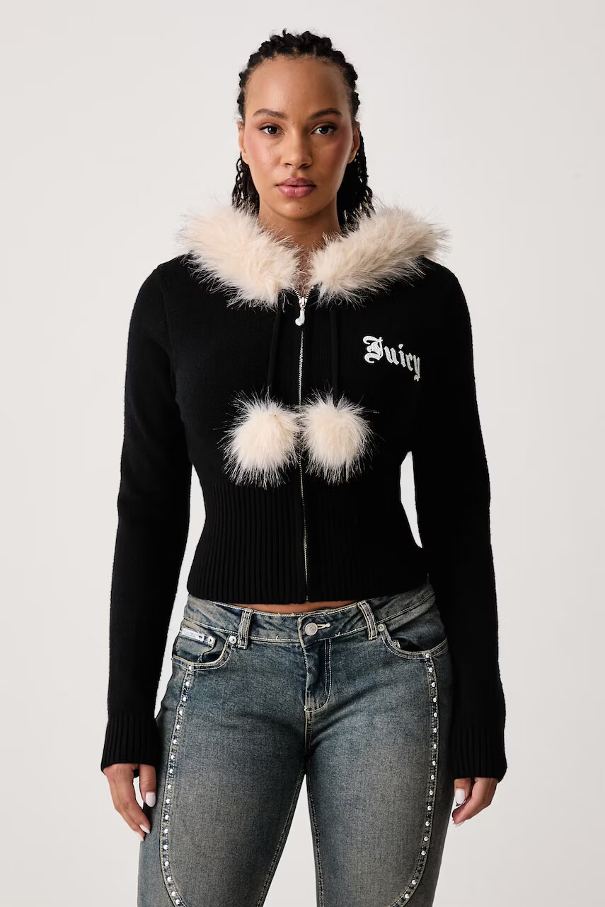 Juicy Couture pulover cu fermoar pentru femei cu vâscoză KNIT JUICY DIAMANTE WITH FUR TRIM