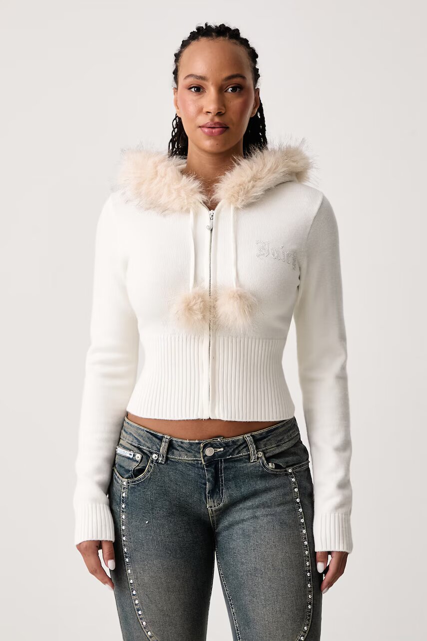 Juicy Couture pulover cu fermoar pentru femei cu vâscoză KNIT JUICY DIAMANTE WITH FUR TRIM
