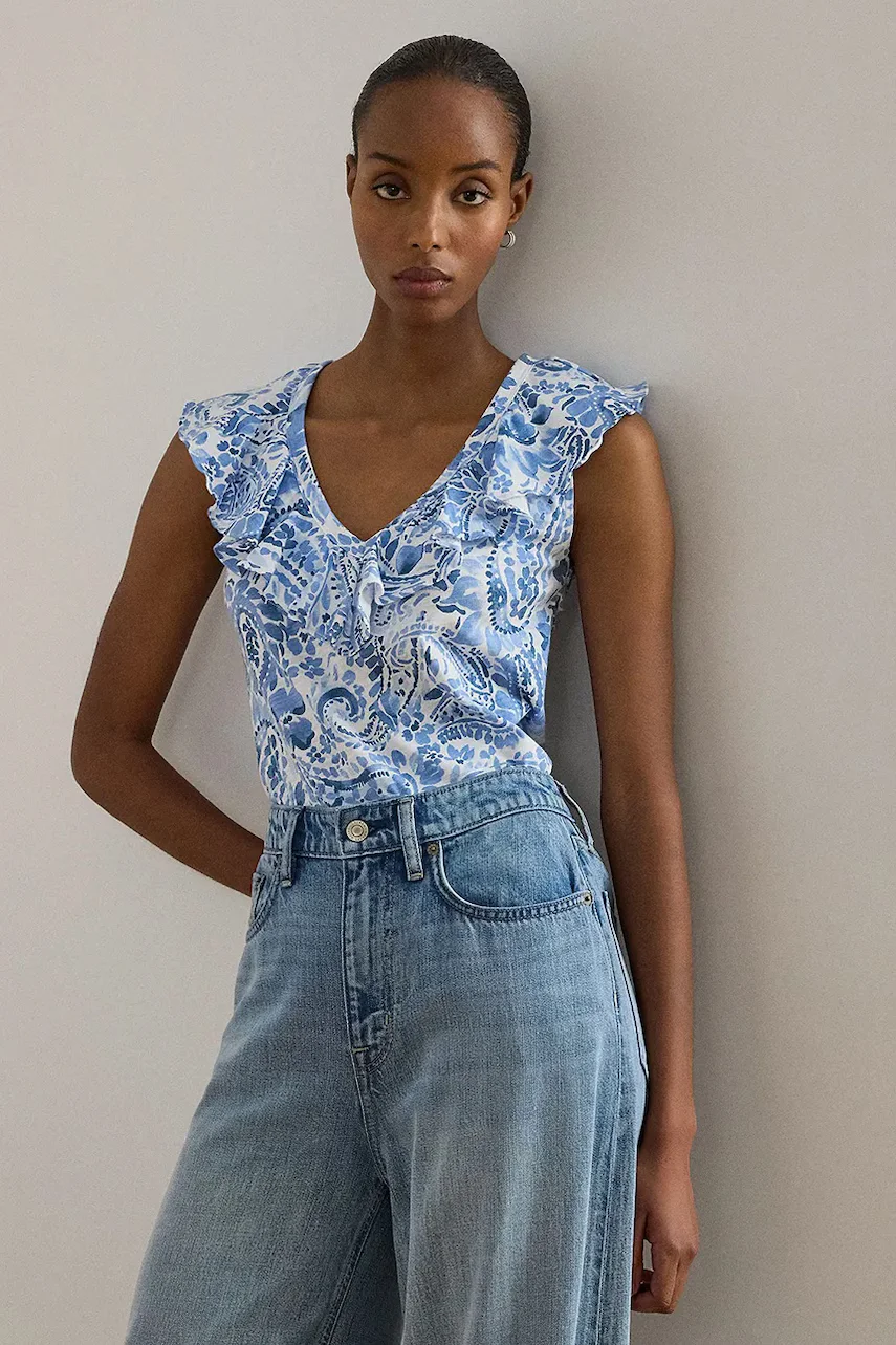 Lauren Ralph Lauren bluză cu volane pentru femei din bumbac