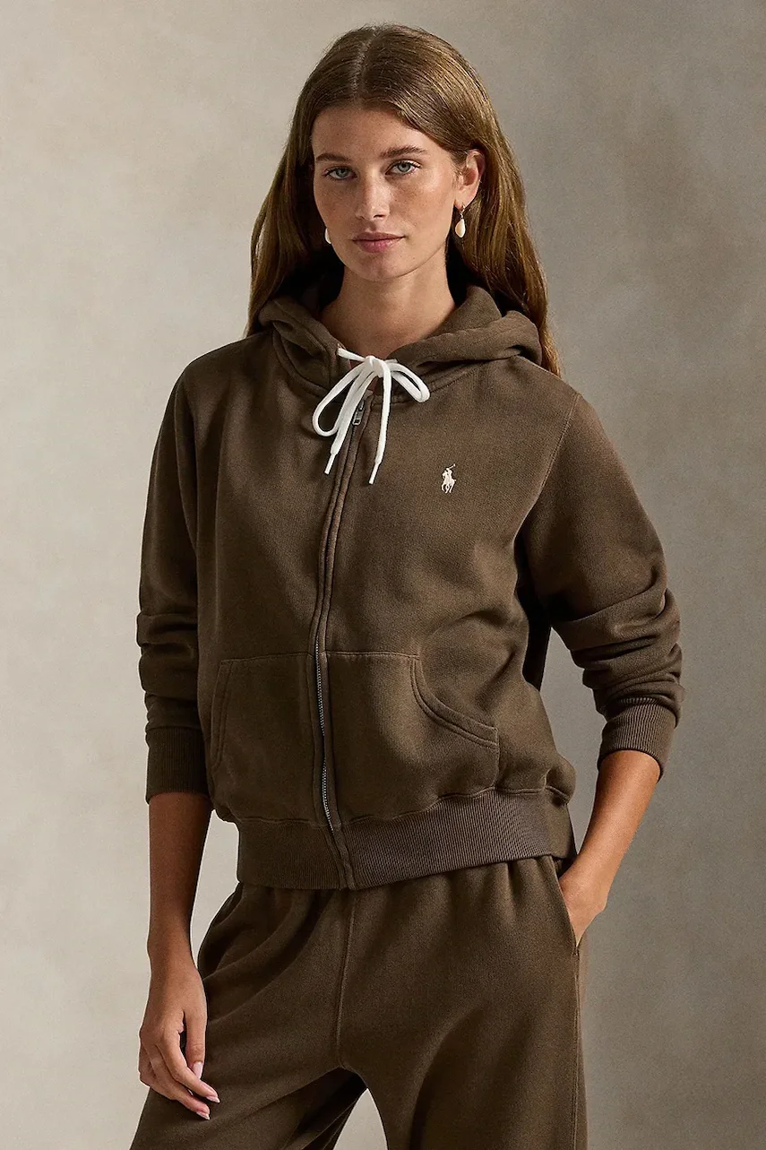 Polo Ralph Lauren hanorac cu fermoar și glugă pentru femei cu bumbac