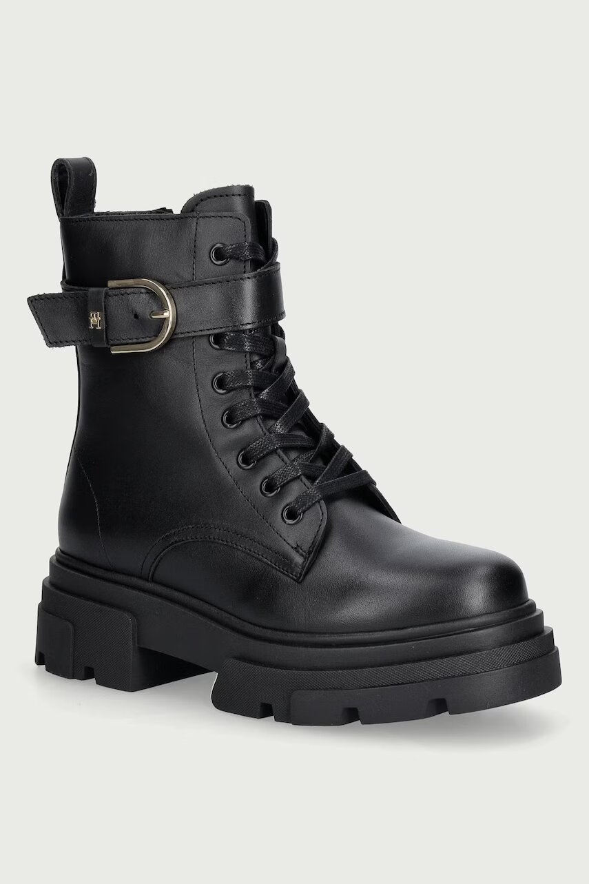 Tommy Hilfiger bocanci pentru femei din piele LEATHER TH BUCKLED LACE-UP BOOT