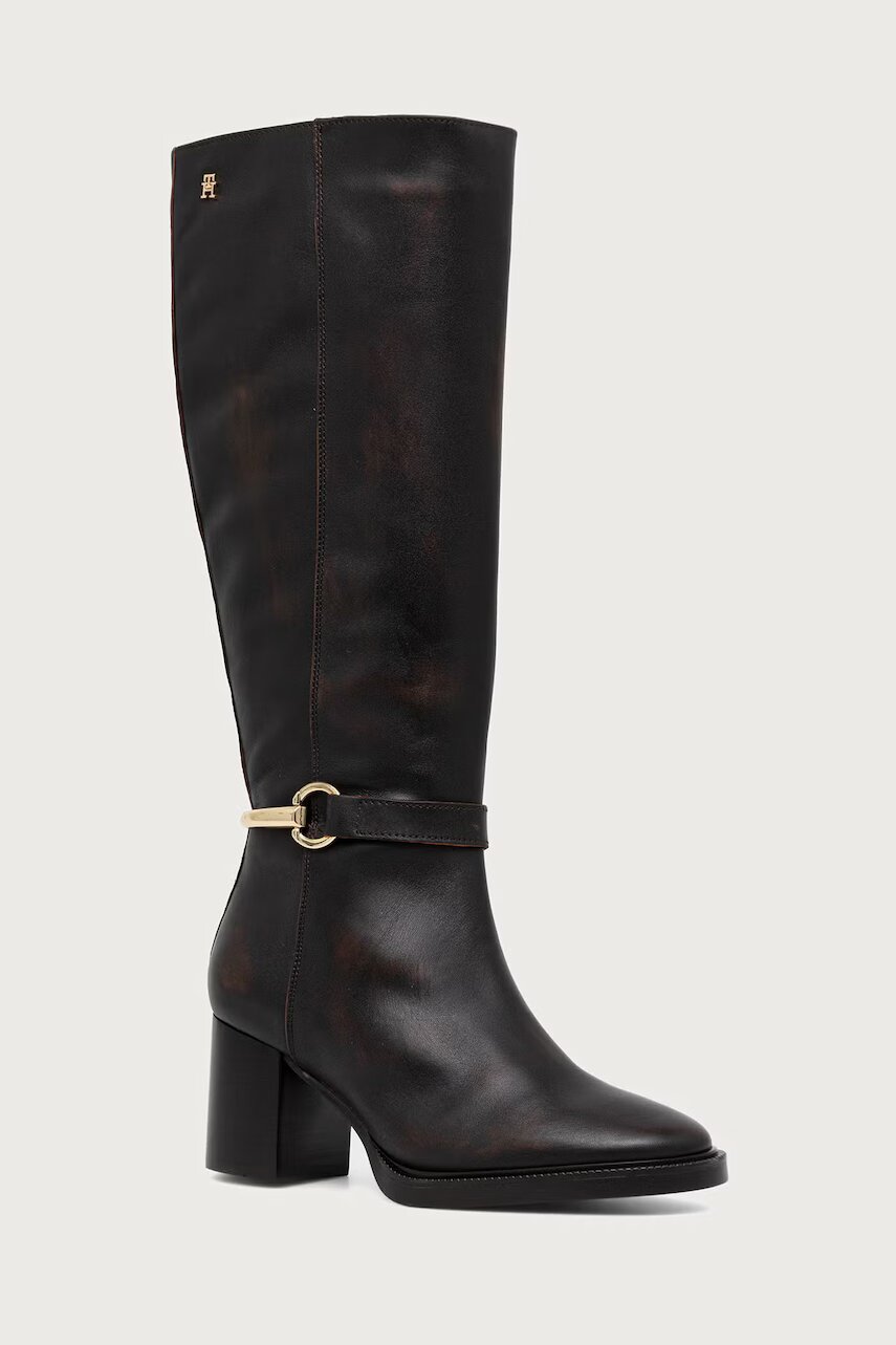 Tommy Hilfiger cizme cu toc pentru femei din piele TH STUD HEEL RIDING KNEE BOOT