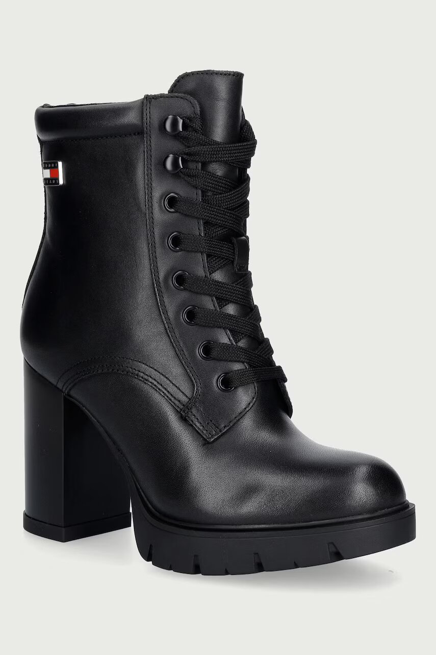 Tommy Jeans botine cu toc înalt pentru femei din piele TJW LACE UP HIGH HEEL BOOTS