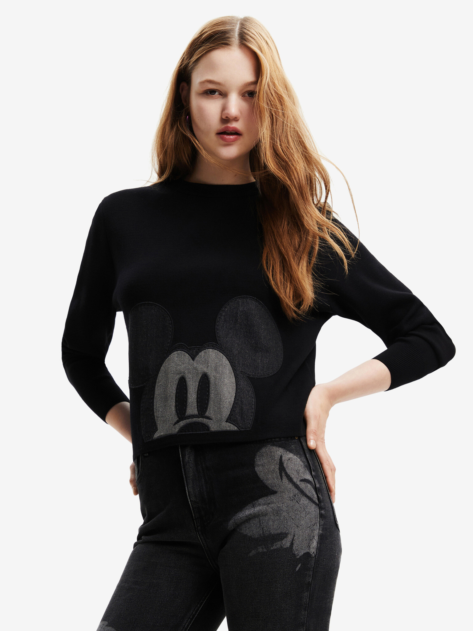 Desigual Mickey Patch Denim Pulover Negru - Pled.ro