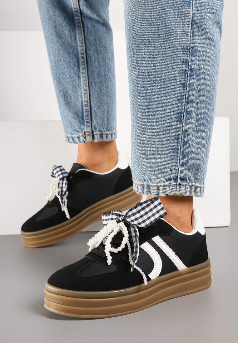 888 Sneakers Negri Iconici cu șireturi decorative și perle Amiselle