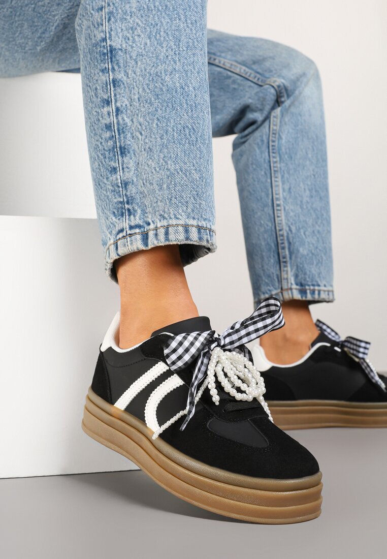 888 Sneakers Negri Iconici cu șireturi decorative și perle Amiselle