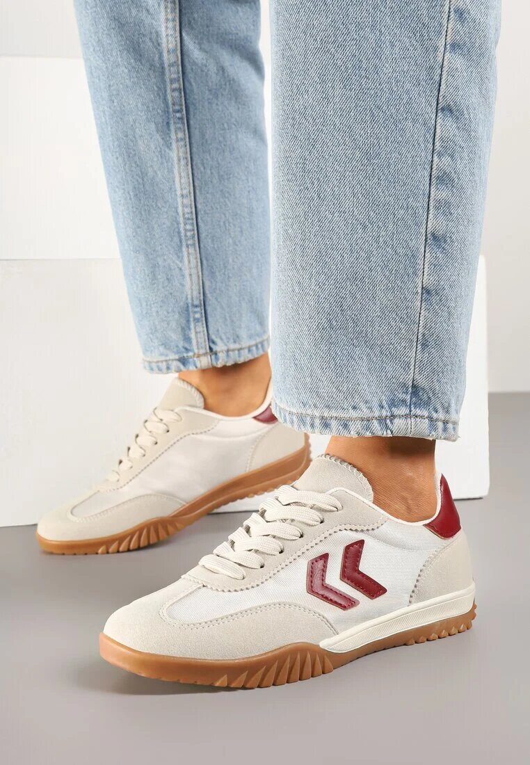 888 Sneakerși Bej și Roșii în Stilul Adidașilor Clasici cu Cusături Decorative Mepnia
