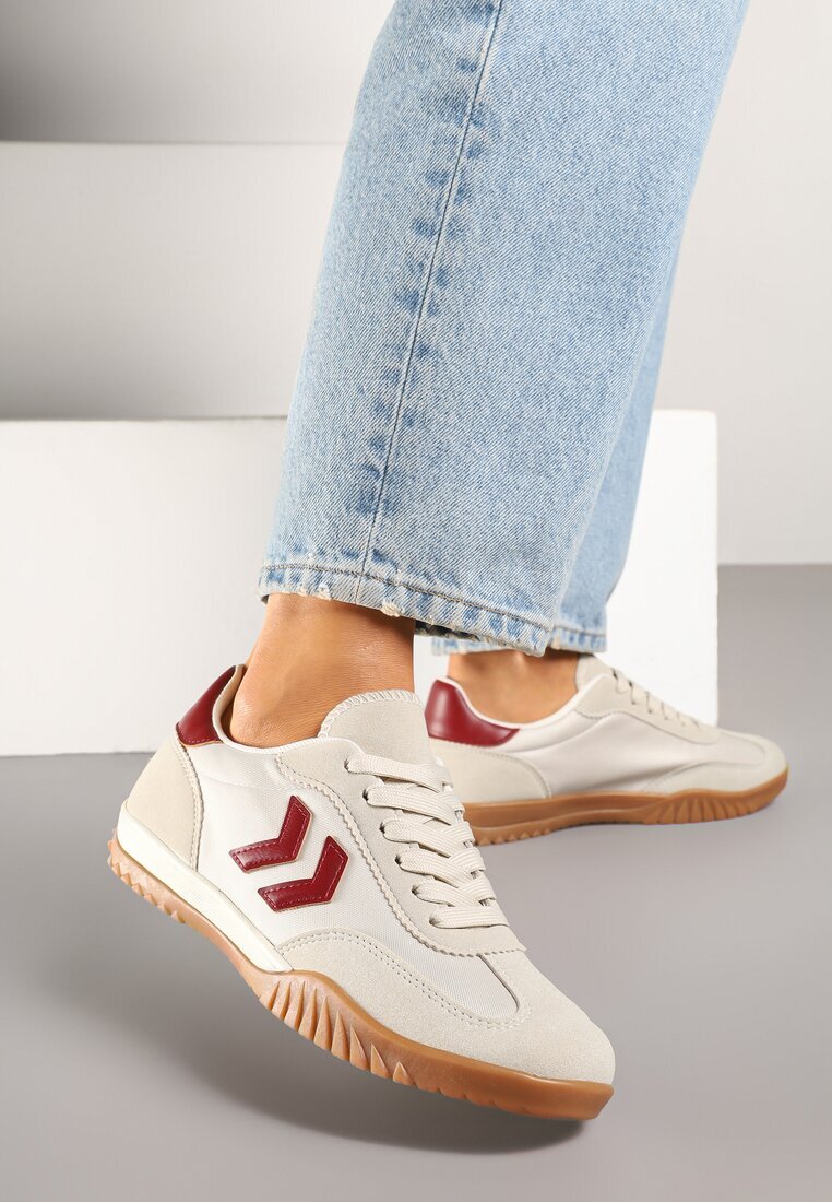 888 Sneakerși Bej și Roșii în Stilul Adidașilor Clasici cu Cusături Decorative Mepnia