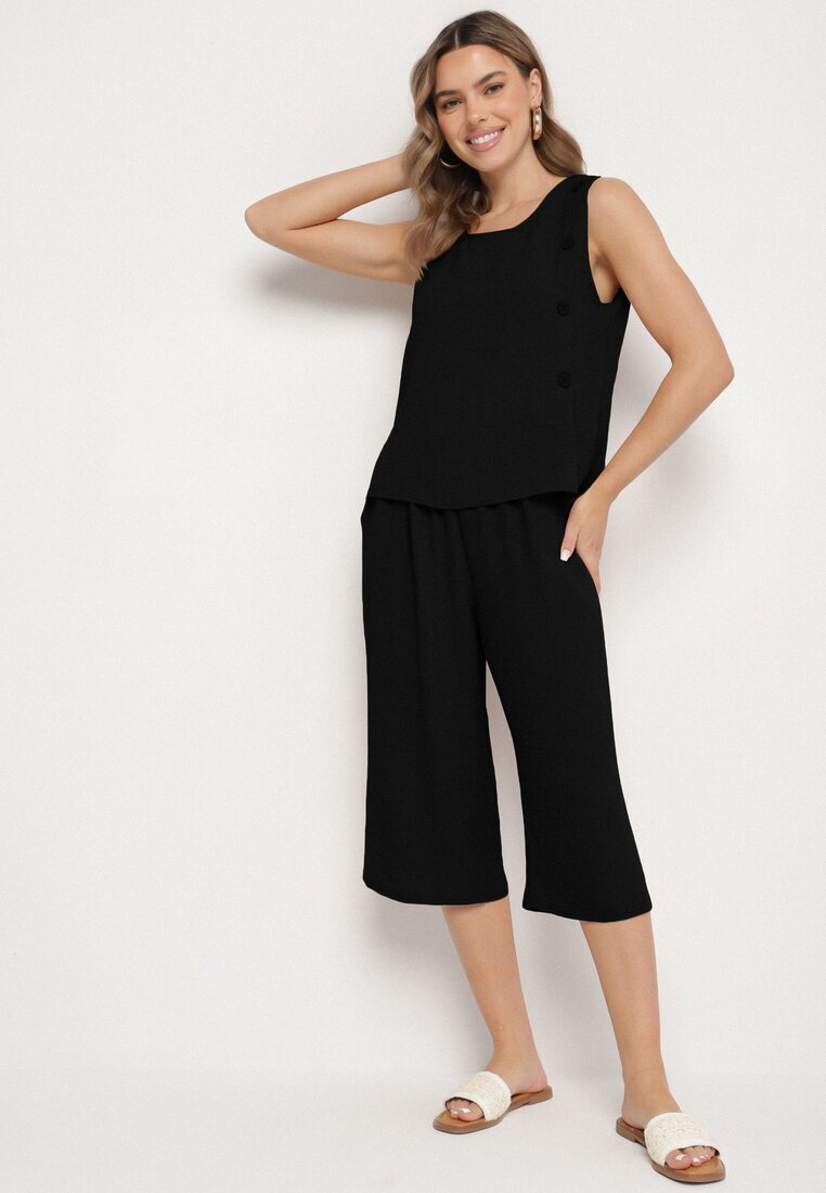 ab. ambitonfly Set Negru Tricou fără Mâneci cu nasturi și Pantaloni Lejeri 3/4 Ravialle