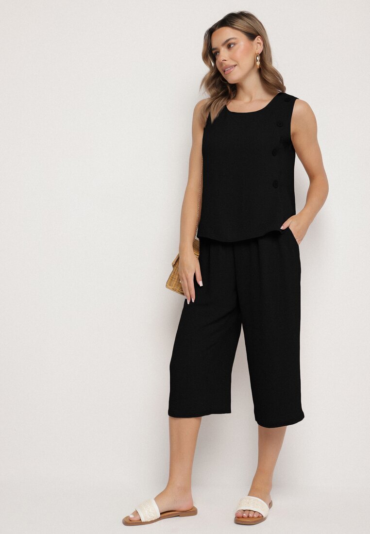 ab. ambitonfly Set Negru Tricou fără Mâneci cu nasturi și Pantaloni Lejeri 3/4 Ravialle