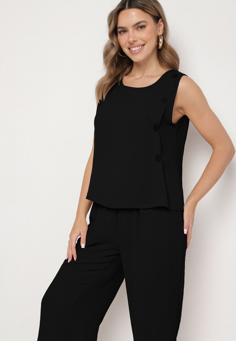 ab. ambitonfly Set Negru Tricou fără Mâneci cu nasturi și Pantaloni Lejeri 3/4 Ravialle