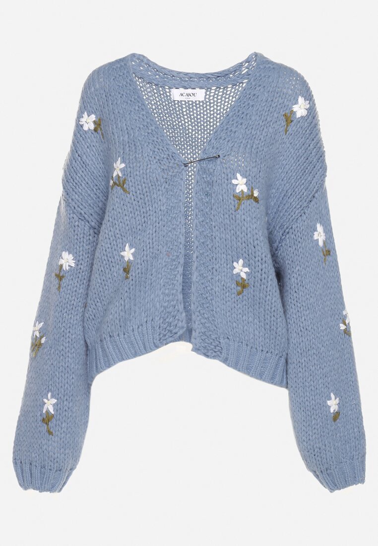 acajo Cardigan Albastru cu Model Floral închis cu Agrafa Decorativă Patinită