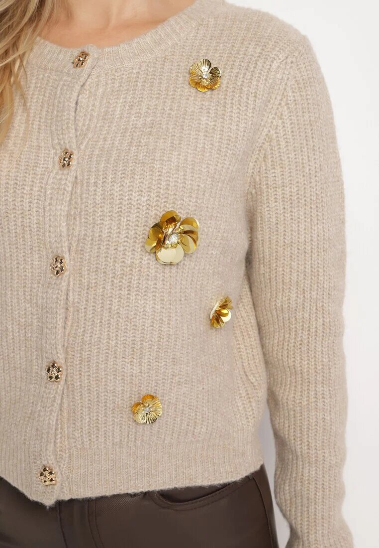 acajo Cardigan Bej Deschis cu Lână Decorat cu Flori Metalice Zemilaine