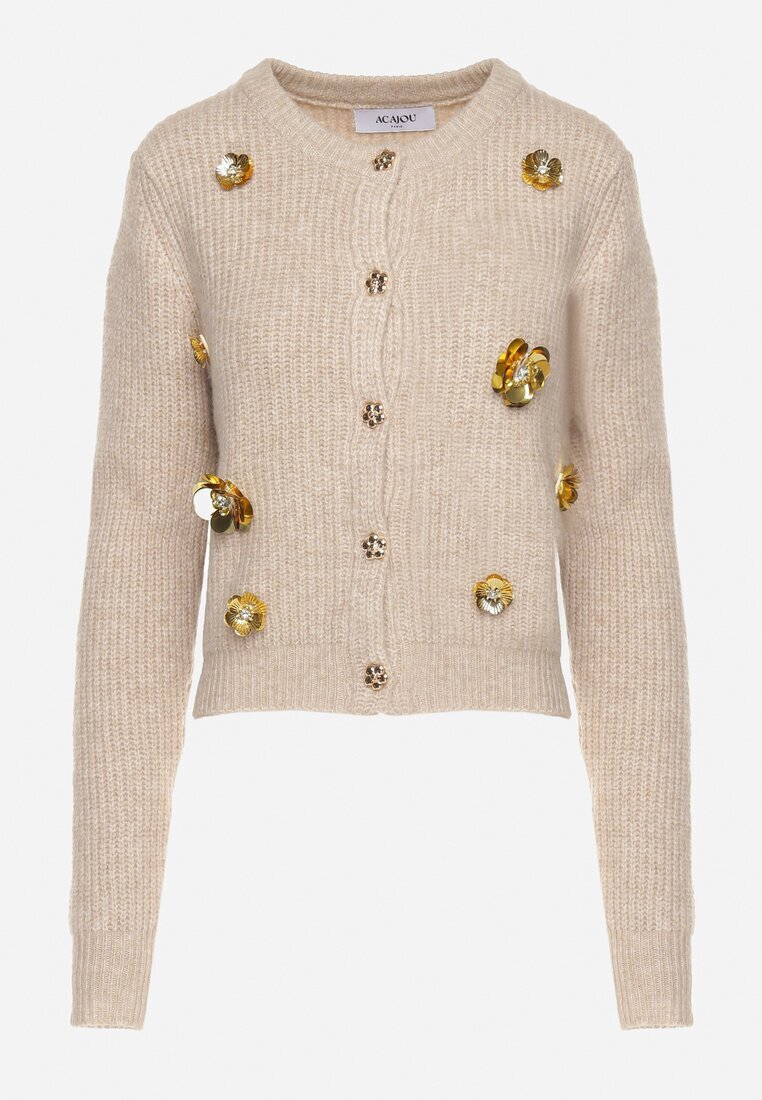 acajo Cardigan Bej Deschis cu Lână Decorat cu Flori Metalice Zemilaine