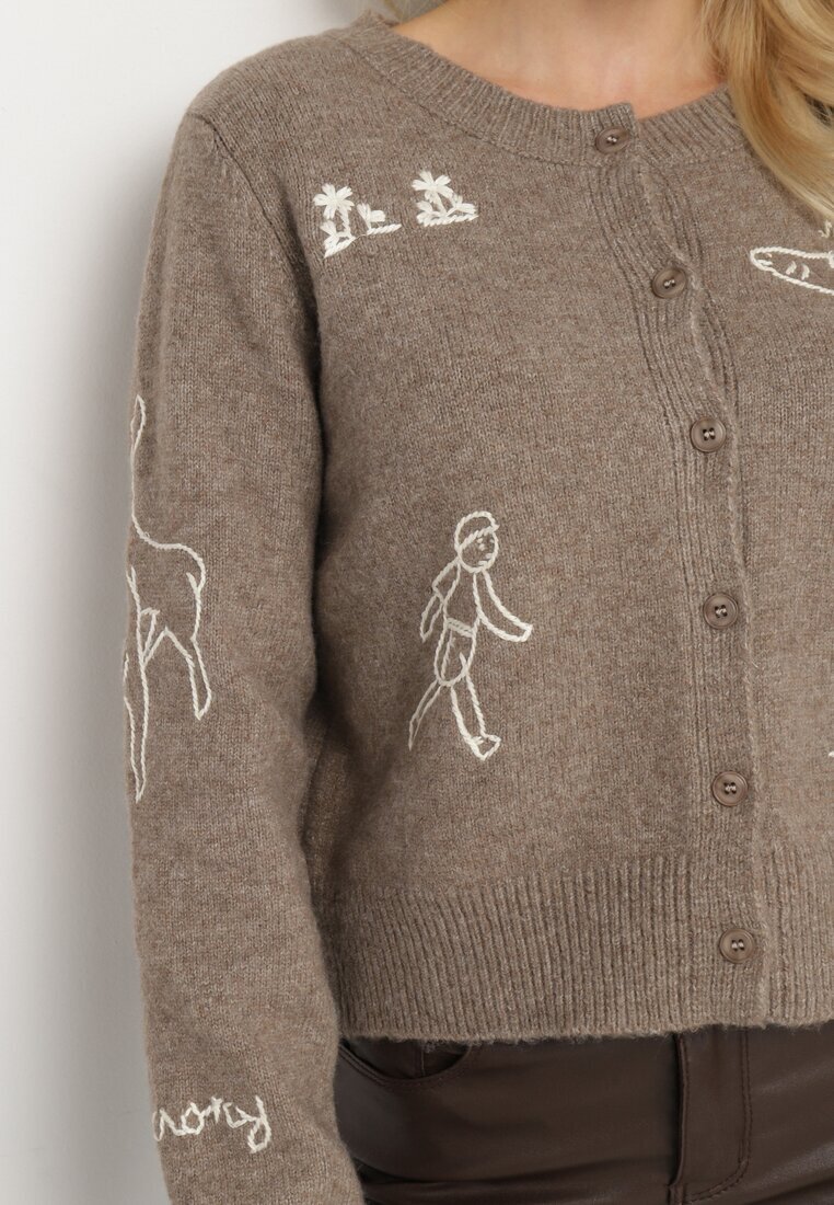 acajo Cardigan Bej deschizibil din lână decorat cu broderii Nelzara
