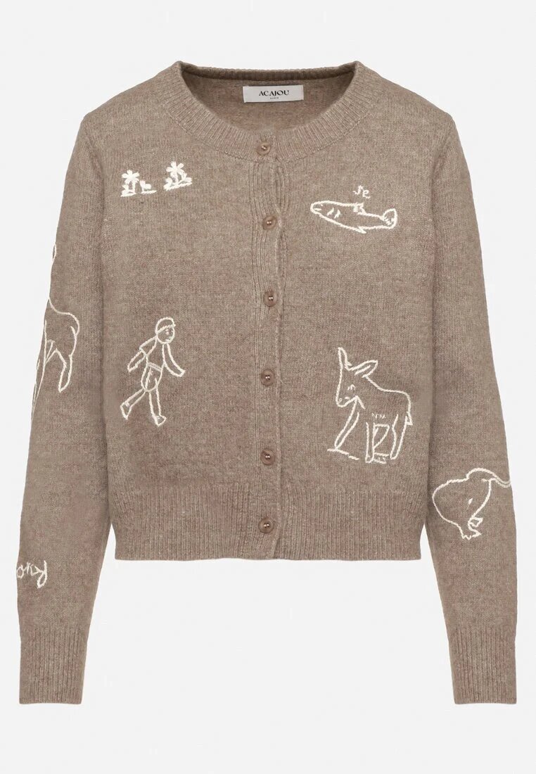 acajo Cardigan Bej deschizibil din lână decorat cu broderii Nelzara