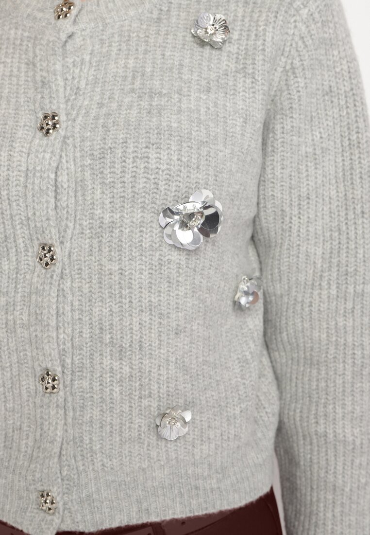 acajo Cardigan Deschis Gri cu Lână Decorat cu Flori Metalice Zemilaine