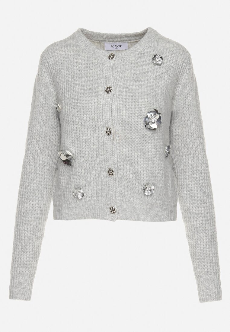 acajo Cardigan Deschis Gri cu Lână Decorat cu Flori Metalice Zemilaine