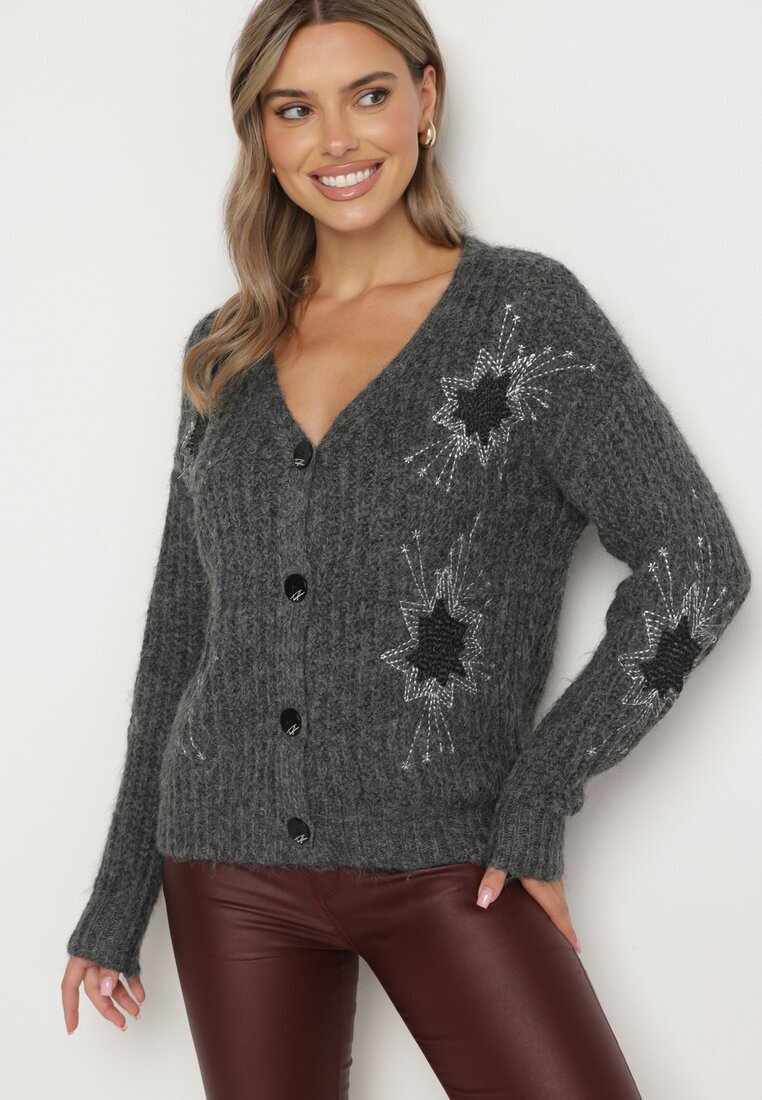 acajo Cardigan deschis gri închis decorat cu broderie florală