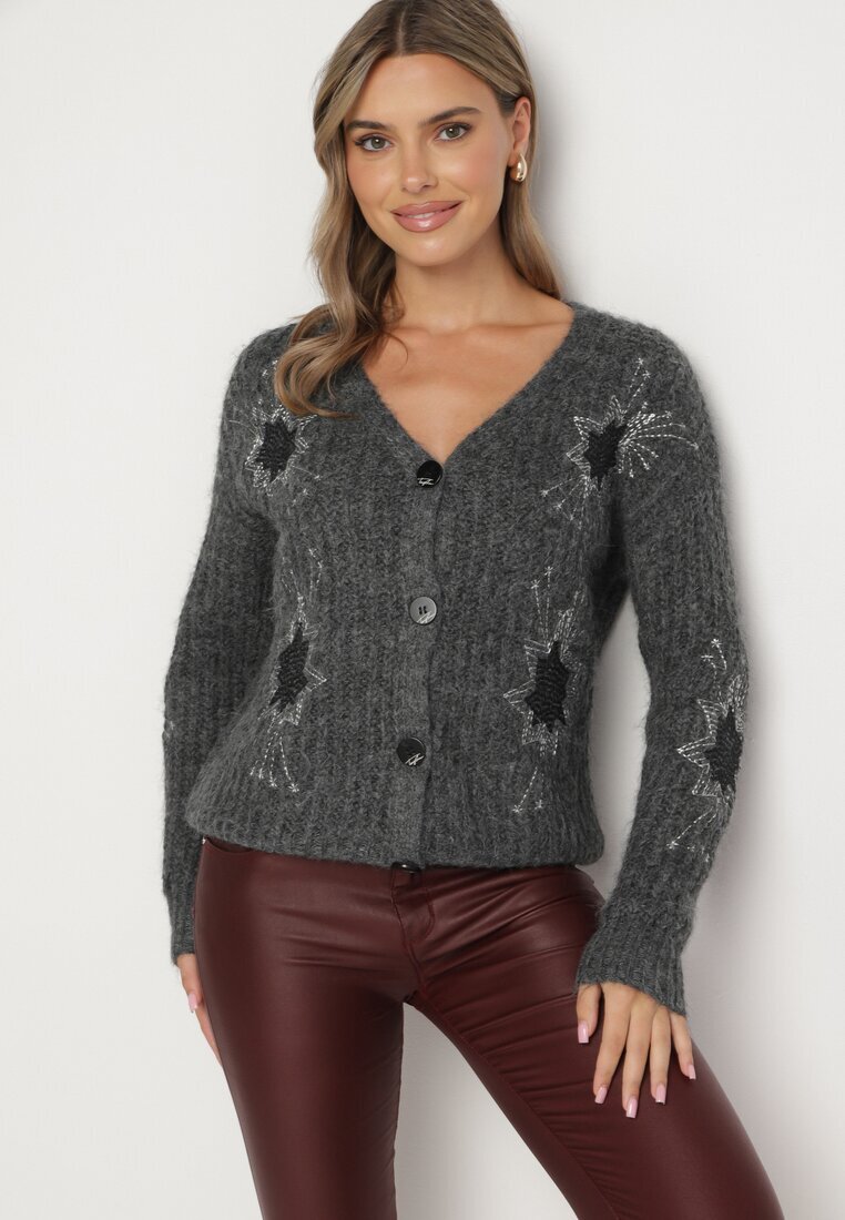 acajo Cardigan deschis gri închis decorat cu broderie florală