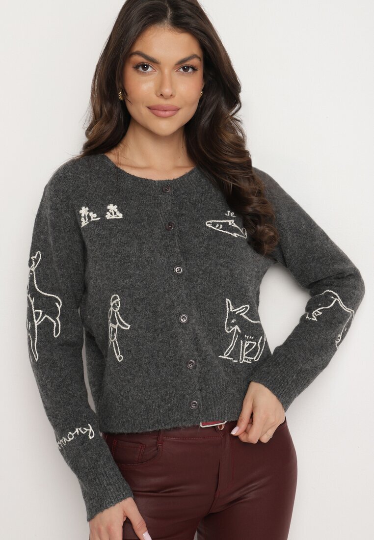 acajo Cardigan Gri cu Nasturi din Lână Decorat cu Broderii Nelzara