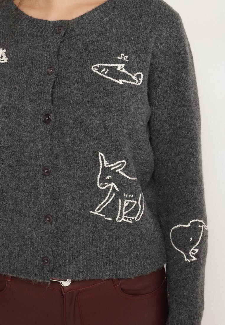 acajo Cardigan Gri cu Nasturi din Lână Decorat cu Broderii Nelzara