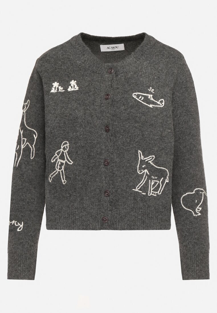 acajo Cardigan Gri cu Nasturi din Lână Decorat cu Broderii Nelzara
