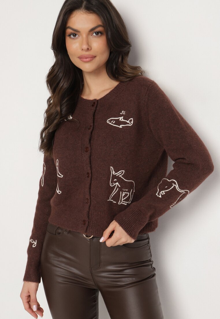 acajo Cardigan Maro închis Deschis cu lână Decorat cu broderii Nelzara