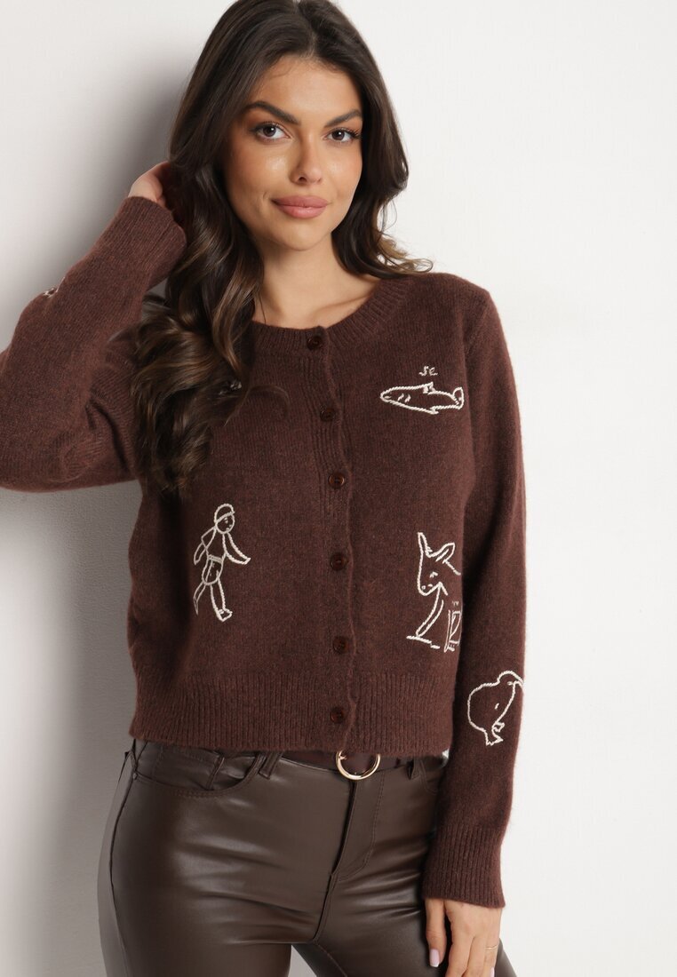 acajo Cardigan Maro închis Deschis cu lână Decorat cu broderii Nelzara