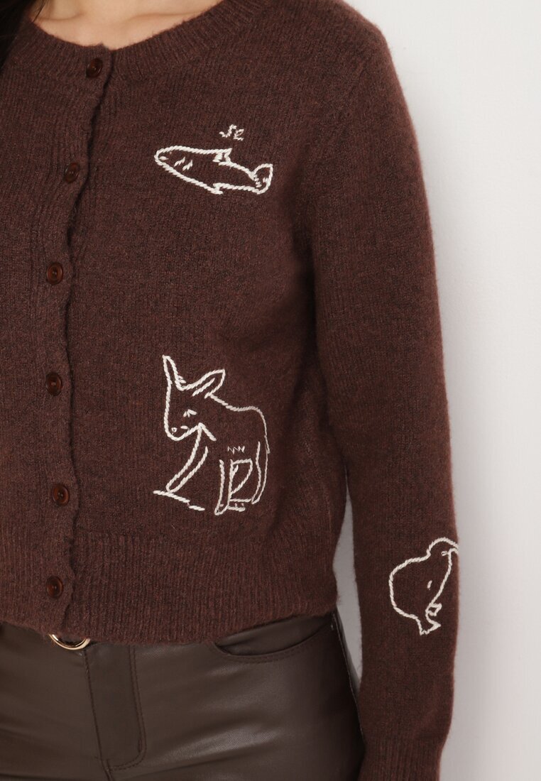 acajo Cardigan Maro închis Deschis cu lână Decorat cu broderii Nelzara