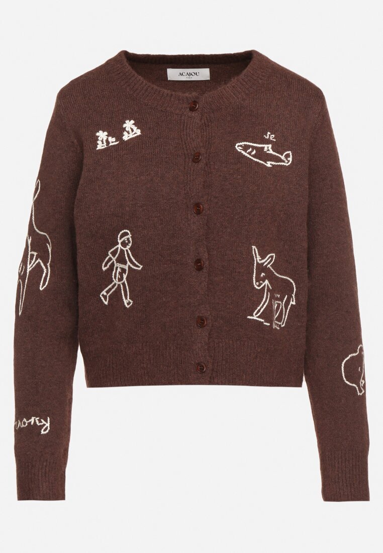 acajo Cardigan Maro închis Deschis cu lână Decorat cu broderii Nelzara
