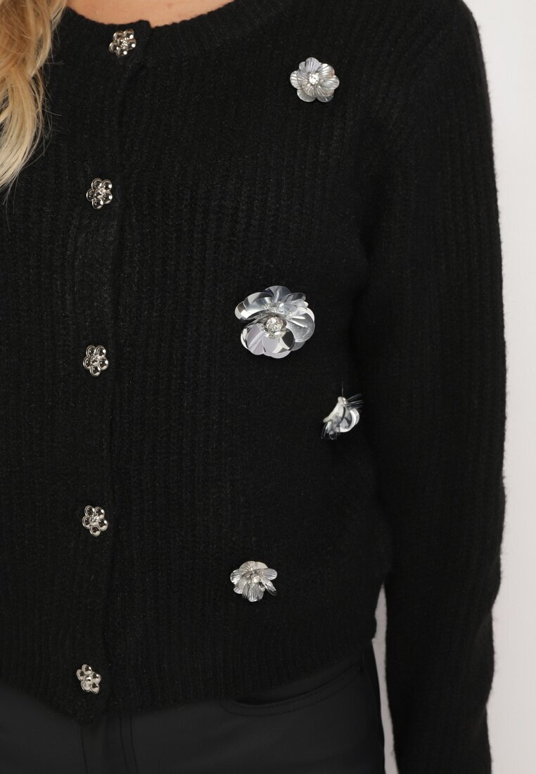 acajo Cardigan Negru cu Nasturi cu Lână Decorat cu Flori Metalice Zemilaine