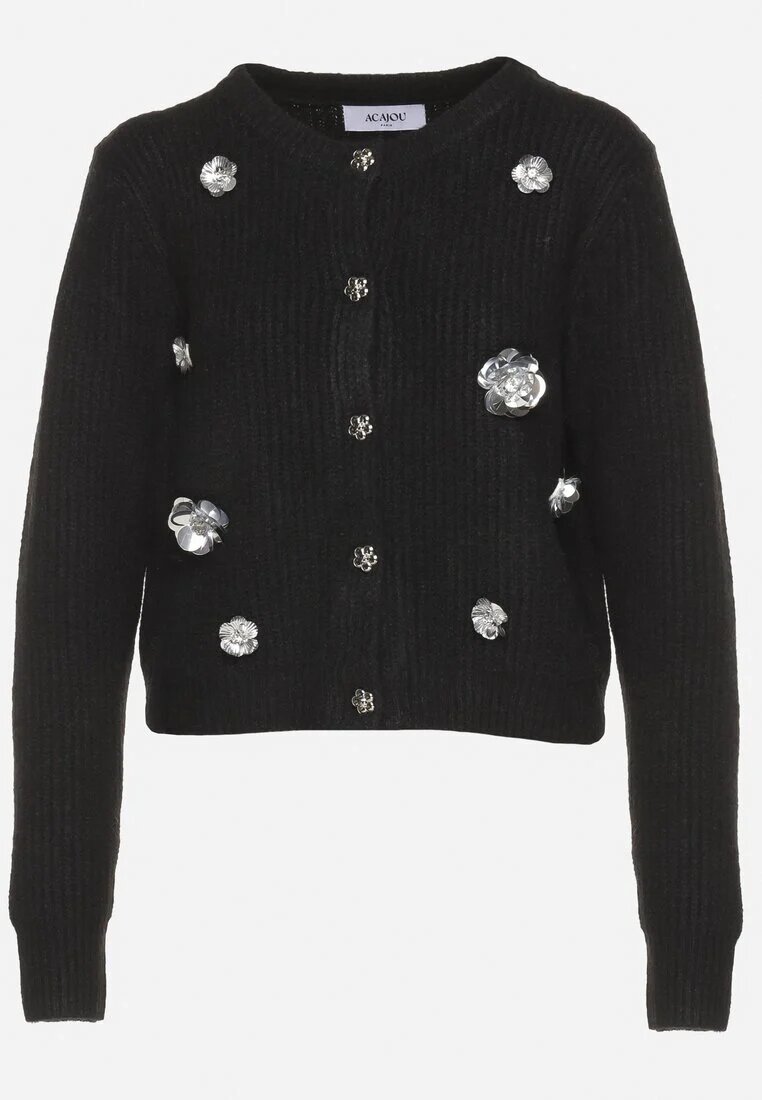 acajo Cardigan Negru cu Nasturi cu Lână Decorat cu Flori Metalice Zemilaine