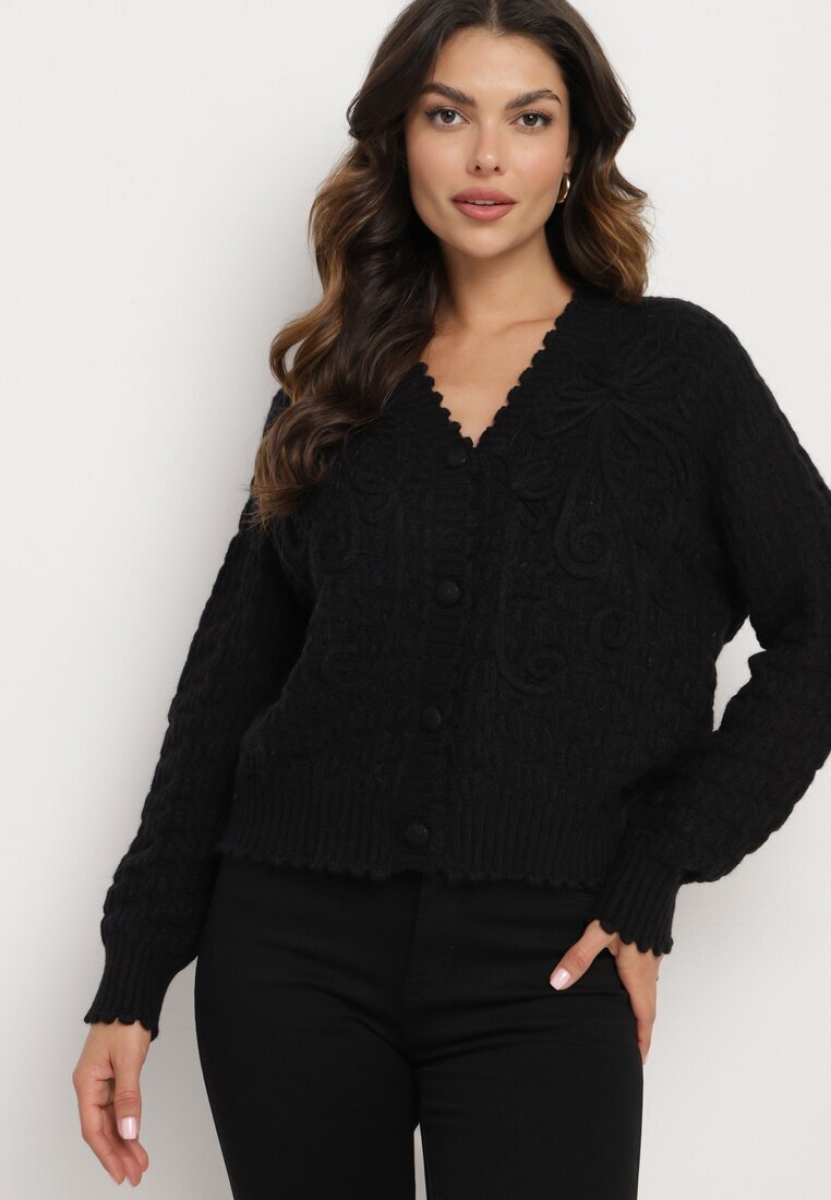acajo Cardigan Negru Oversize Încheiat cu nasturi cu broderie decorativă Kalabrine